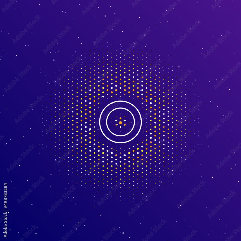 A large white contour circle symbol in the center, surrounded by small dots. Dots of different colors in the shape of a ball. Vector illustration on dark blue gradient background with stars A large white contour circle symbol in the center, surrounded by small dots. Dots of different colors in the shape of a ball. Vector illustration on dark blue gradient background with stars