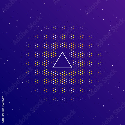 A large white contour triangle symbol in the center  surrounded by small dots. Dots of different colors in the shape of a ball. Vector illustration on dark blue gradient background with stars