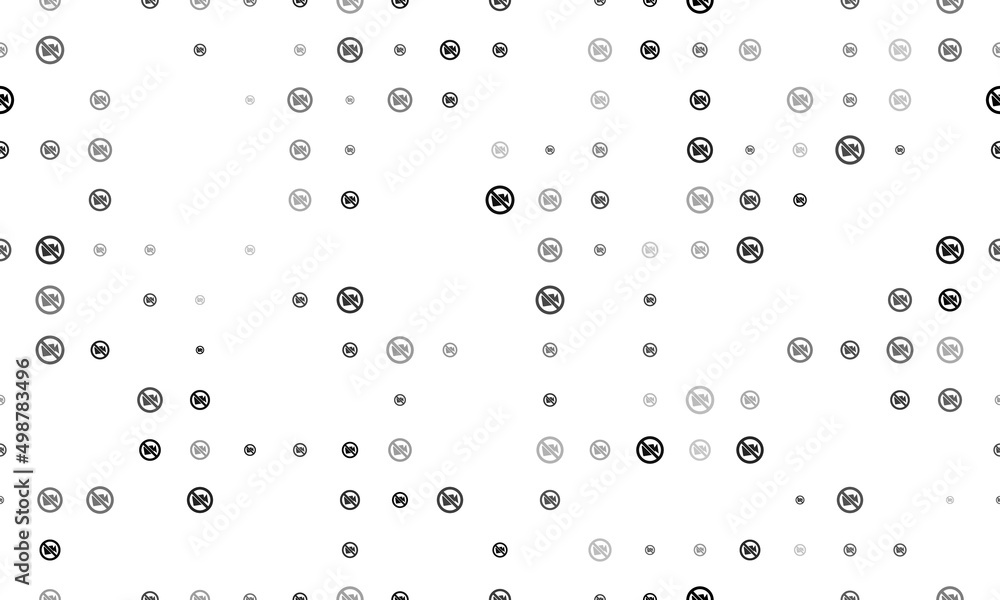 Seamless background pattern of evenly spaced black no video symbols of different sizes and opacity. Vector illustration on white background