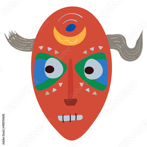 Wooden african mask with horns in flat naive style. Cartoon vector illustration
