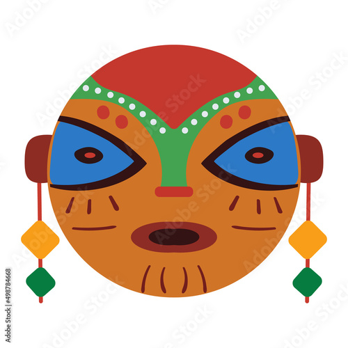 Wooden african mask with decoration in flat naive style. Cartoon vector illustration