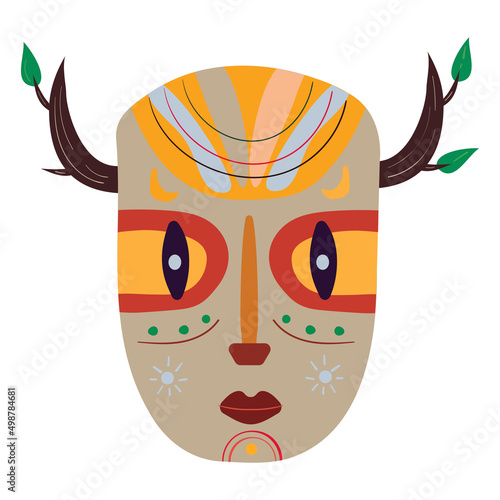 Art african mask with branches on the head in flat naive style. Cartoon vector illustration