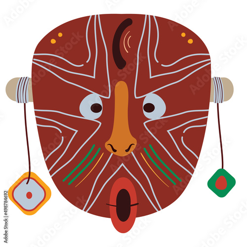 Wooden african evil mask with horns in flat naive style. Cartoon vector illustration