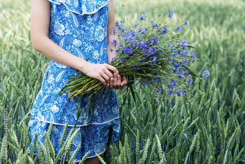 Girl in blue dress in her hands keeps bouquet of cornflowers in wheat field background, blue cornflowers in hands of girl in retro handcrafted blue dress , countryside lifestyle   