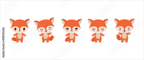 Kawaii fox emoji. Cute little fox various faces. Lovely kawaii foxes emoticons. Woodland animal cartoon drawing isolated on white background. Vector illustration.