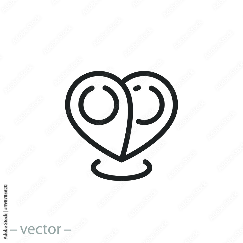 location point with heart on the map icon, pointer romance relationship, love pin, gps pointer, thin line symbol on white background - editable stroke vector illustration location point with heart on the map icon, pointer romance relationship, love pin, gps pointer, thin line symbol on white background - editable stroke vector illustration