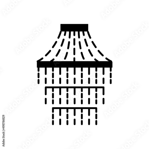 Black & white vector illustration of retro crystal glass tier chandelier. Flat silhouette icon of vintage pendant ceiling light. Luxury home ornate lamp. Isolated object
