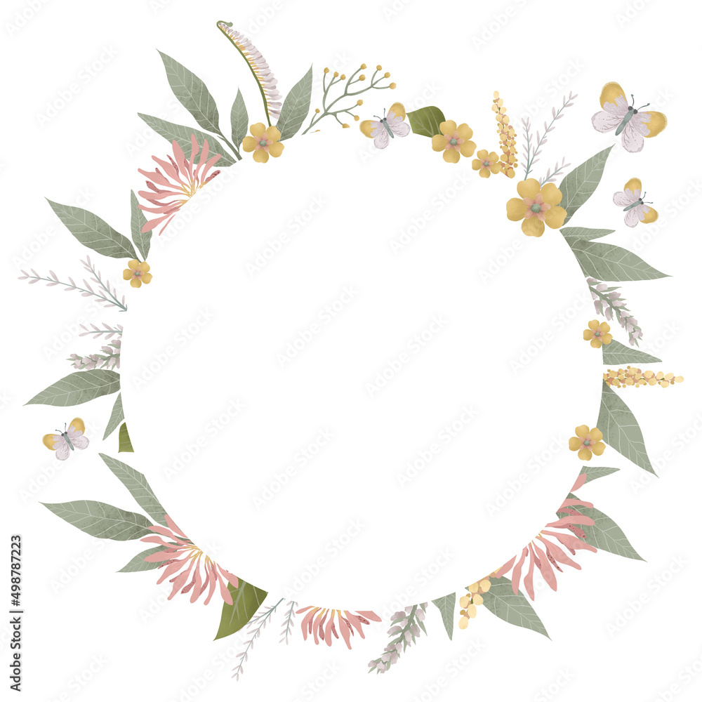 Elegant round botanical wreath with pastel pink and yellow flowers and green leaves on white background. Perfect for invitation, birthday or wedding decor