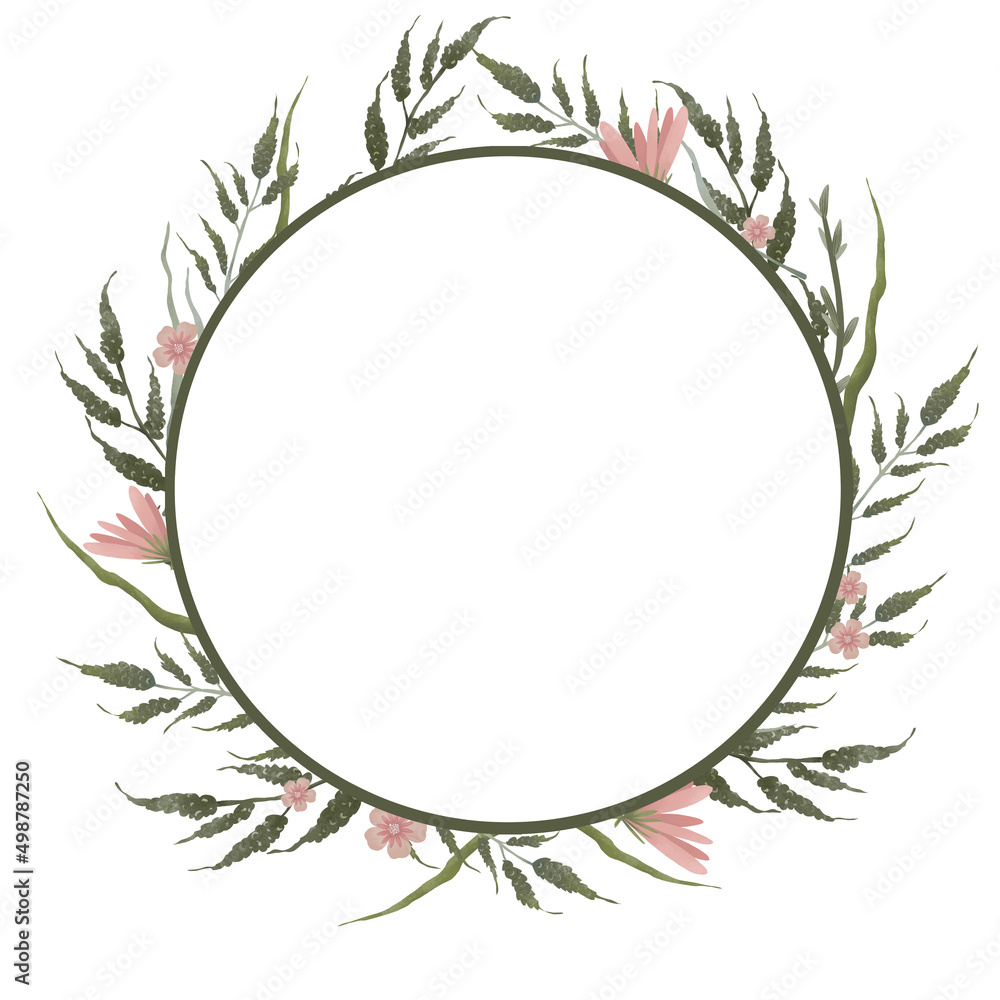 Summer wreath with green forest foliage and pink flowers. Floral illustrations for greetings, wallpapers, invitation, wedding stationary, fashion, background.