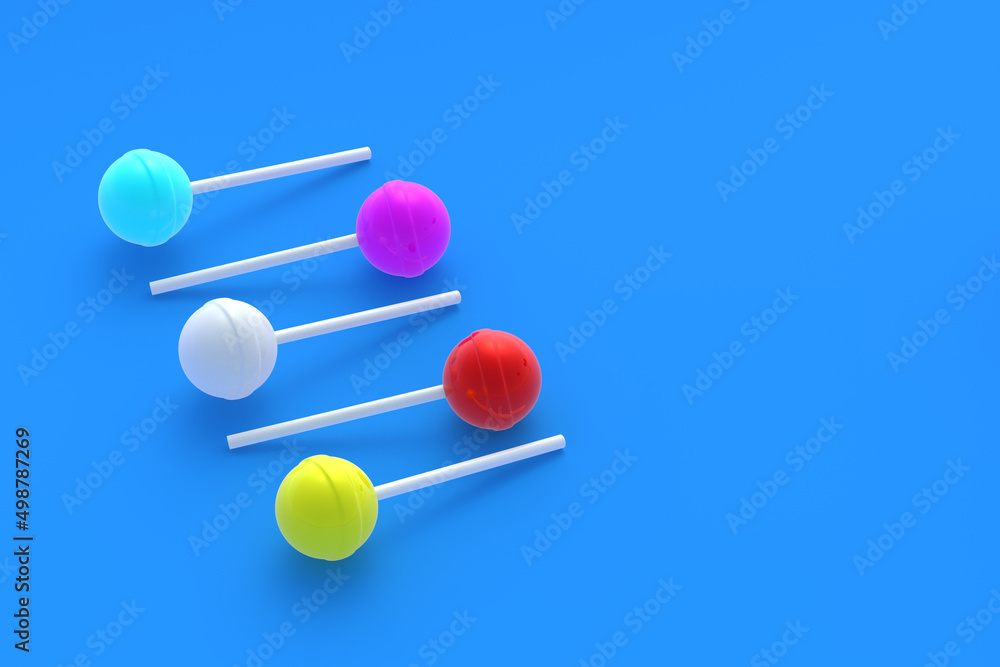 Colorful lollipops on stick on blue background. Sweet candy. Confectionery goods. Copy space. 3d render