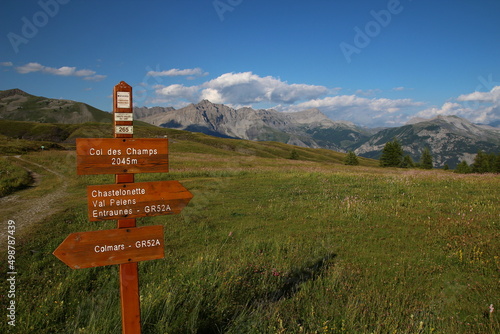 Signs for pedestrian routes in the Parc du Mercantour (Col des champs, Alpes-de-Haute-Provence, France)