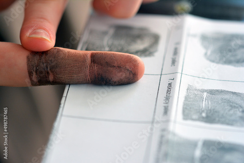 Pobieranie odbitek linii papilarnych od osoby przez policję w celu identyfikacji. 