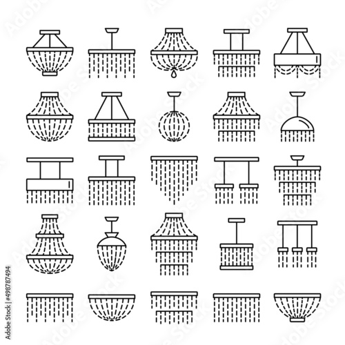 Crystal ceiling lights. Set of modern ornate chandeliers. Luxury home retro and modern lamps. Vector line icon collection. Isolated objects
