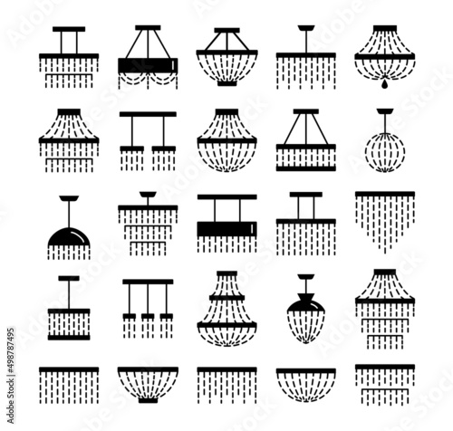 Crystal ceiling lights. Set of modern ornate chandeliers. Luxury home retro and modern lamps. Vector flat icon collection. Isolated objects