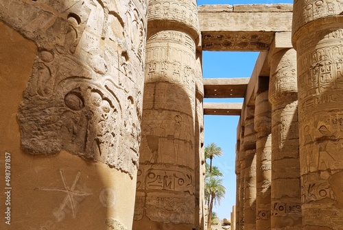 Tableau sur toile Ancient columns with drawings, in the great hypostyle hall, at the temple of Amon-Re in Karnak, Egypt