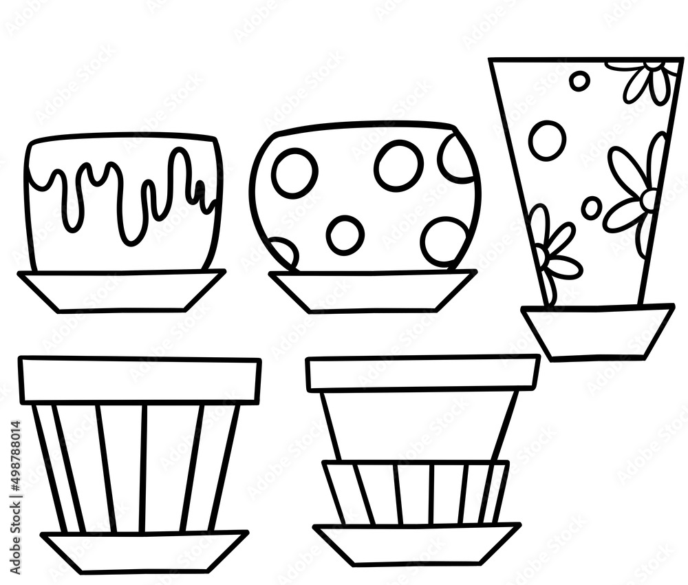 Fototapeta premium Monochrome illustration, coloring book. Set of cartoon round and square plant pots, sketch