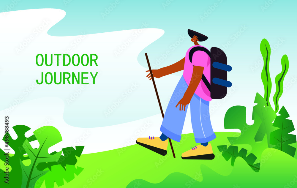 Trendy flat character of a cheerful hiker walking outside with a backpack and a stick, against the background of green plants and nature, vector illustration, copy space Trendy flat character of a cheerful hiker walking outside with a backpack and a stick, against the background of green plants and nature, vector illustration, copy space
