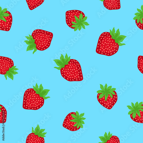 Ripe strawberries on a blue background. Seamless summer fruit pattern. Doodle, clipping. Suit for packaging, textile.