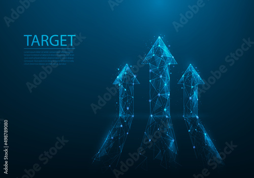 Business arrows grow up low poly wireframe. return on the investment chart increases. target on blue dark background. vector illustration fantastic digital. vision for sustained financial growth.