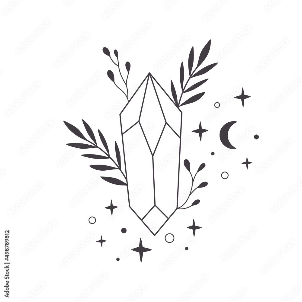 Mystical, esoteric or healing crystals with flowers, leaves. Linear art. Editable strocks. Vector illustration - obrazy, fototapety, plakaty 