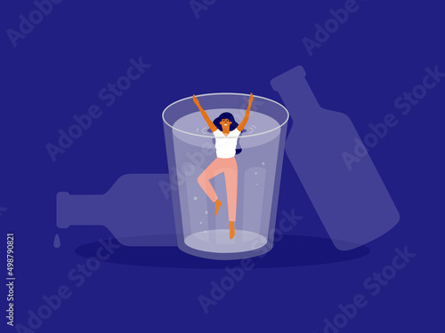Afraid woman drowning in glass of alcohol. Female alcoholism concept. Drunk wife or alcoholic mother asking for help. Social issue, drinker abuse, addiction. Empty drink bottles vector Illustration