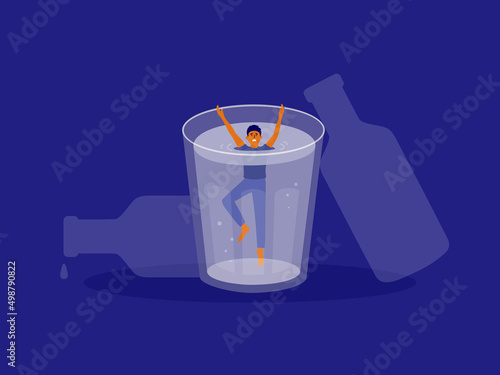 Afraid man drowning in alcohol glass. Alcoholism, alcoholics anonymous. Drunk male, drinker guy asking help. Social issue, abuse, addiction. Exhausted alcoholic inside drink glass. Vector Illustration