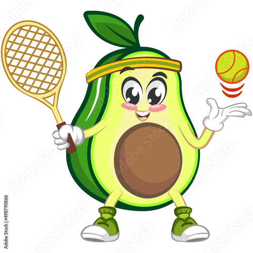 avocado cute cartoon mascot illustration vector playing tennis