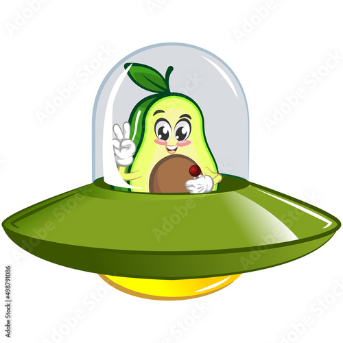 avocado cute cartoon mascot illustration vector in alien aircraft