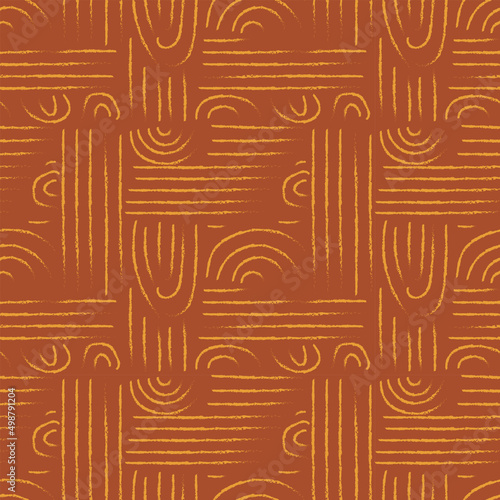 Contemporary boho seamless pattern background with abstract lines and curves. Trendy mid century modern style print