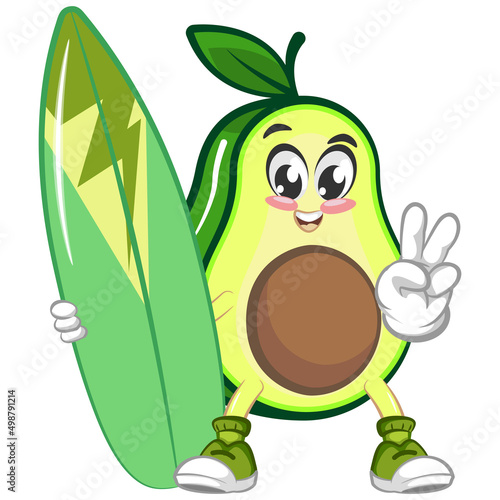 avocado cute cartoon mascot illustration vector with surfboard
