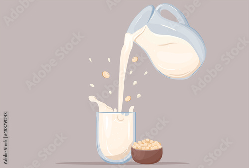 Soy milk. Soy products. The concept of veganism, vegetarianism, paleo and keto nutrition. Pouring milk from a transparent bottle. Healthy fats. Isolated mathematical illustration.