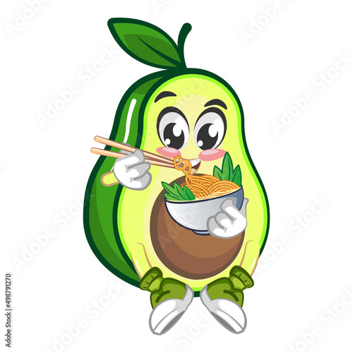 avocado cute cartoon mascot illustration vector with abowl noodles