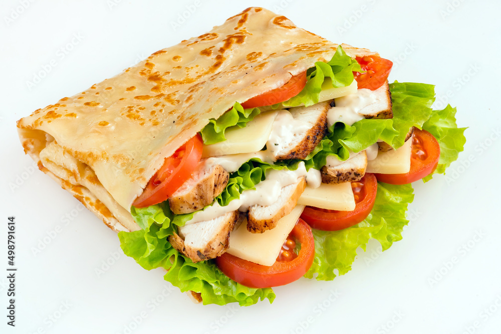 pancake with chicken, tomatoes and lettuce pancake with chicken, tomatoes and lettuce