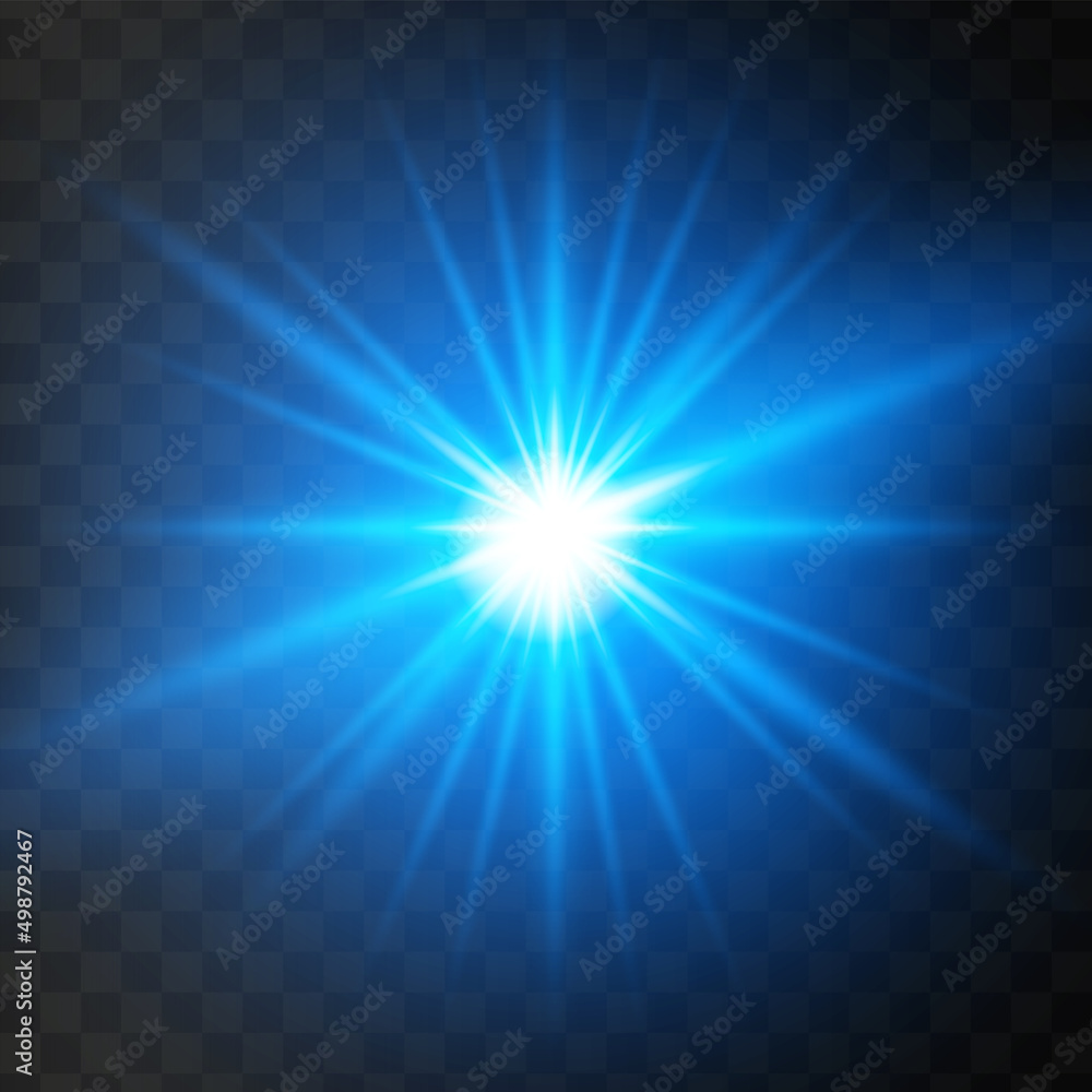 Fototapeta premium Blue glowing light star on a black background. Transparent shining sun, star explodes and bright flash. Blue bright illustration starburst. 