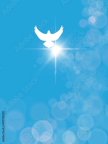 Disegno grafico colomba bianca pasquale e croce raggiante sfondo azzurro. Bokeh  photo