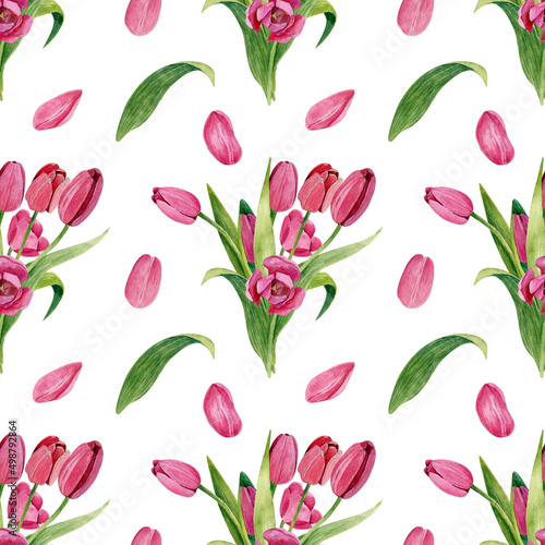 Dynamic watercolor pattern with a bouquet of tulips, petals. Flowers on a stalk. Seamless texture on a white background.