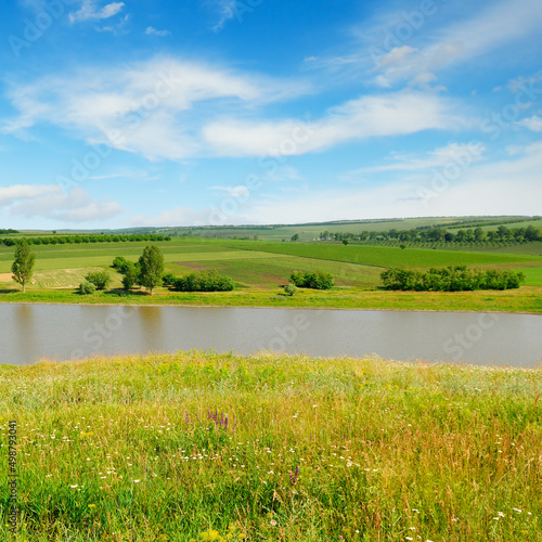 Summer landscape. Meadow, lake, agricultural fields and blue sky.