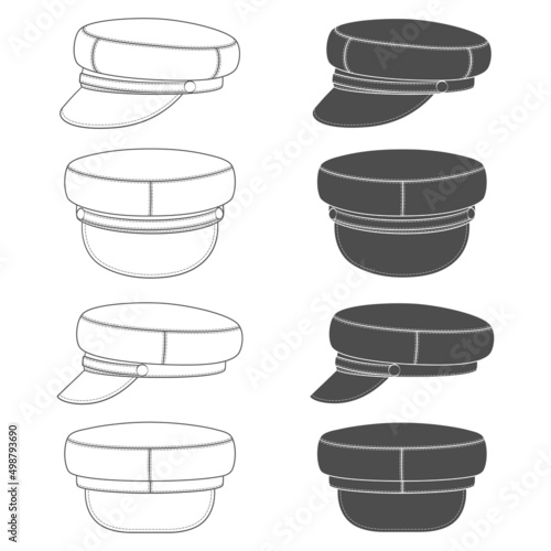 Set of black and white illustrations with peaked cap, forage cap. Isolated vector objects on white background.