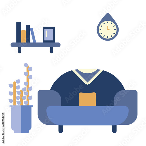 Vetor flat de uma sala de estar, sofá, estante com livros, relógio de parede e vaso de planta.