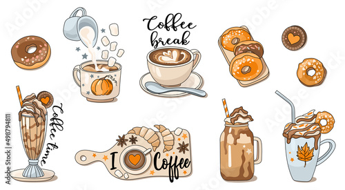 Hand drawn autumn drinks coffee vector illustration set