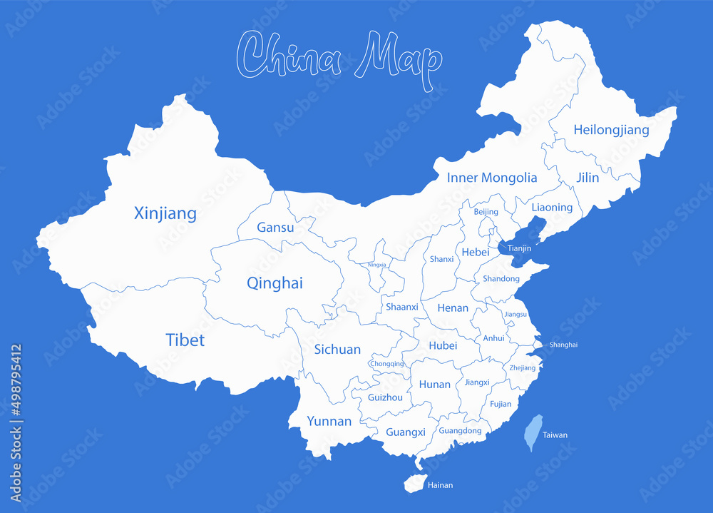 China map, administrative divisions whit names regions, blue background vector