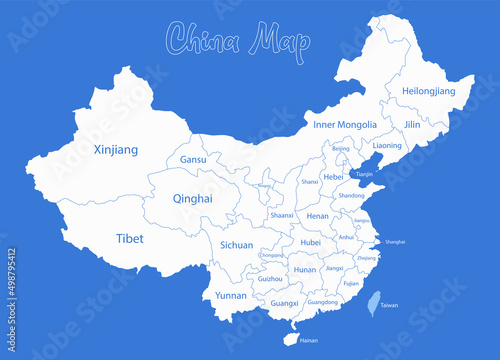 China map, administrative divisions whit names regions, blue background vector