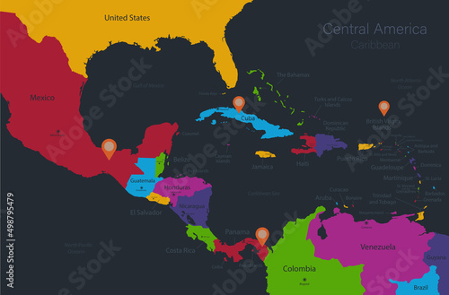 Infographics Central America and Caribbean Islands map, flat design colors, states and island with names, blue background with orange points vector