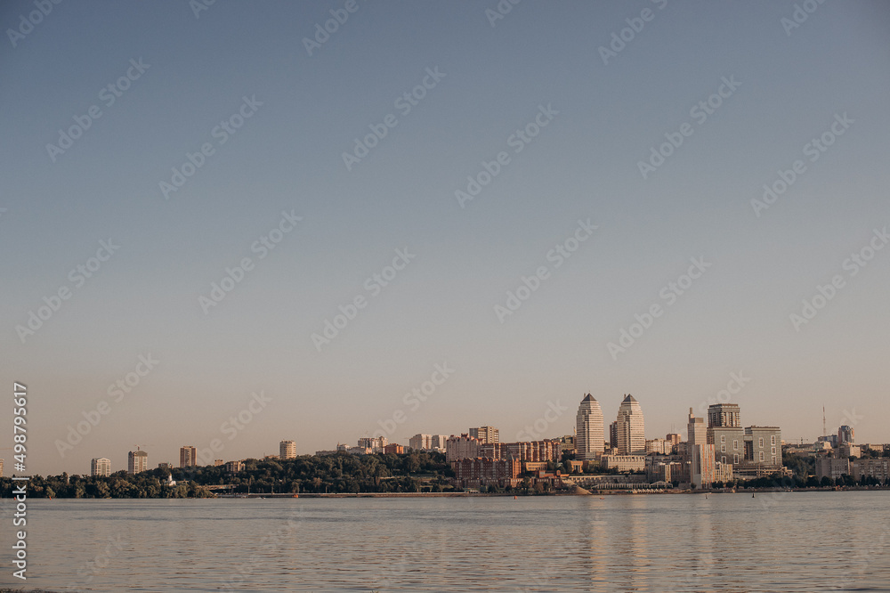 view of the right bank of the city Dnipro Ukraine at sunset