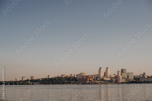 view of the right bank of the city Dnipro Ukraine at sunset