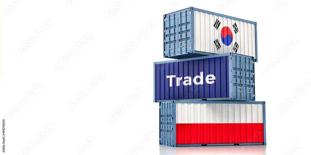 Cargo containers with South Korea and Poland national flags. 3D Rendering