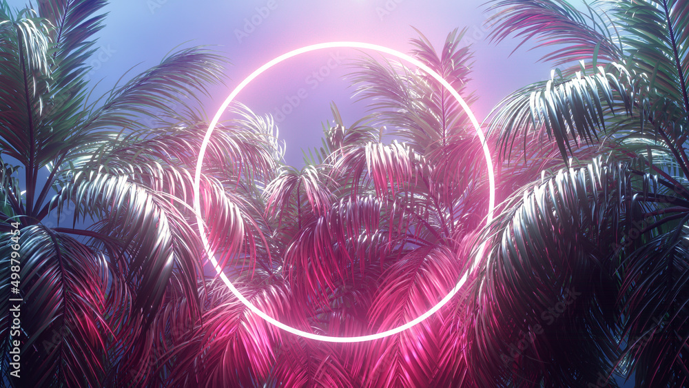 Retrowave Tropical Scene Palms and Glowing Frame 3d render