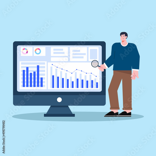 The concept of illustration of someone a man is sad to read the graph that goes down experiencing statistical losses