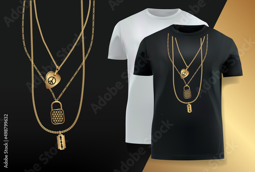 Black T-shirt. Print for printing on a T-shirt. Golden chains with the icon of peace, pacifics. Images for fabric. Fashion for youth. Urban style. Authentic design suit.