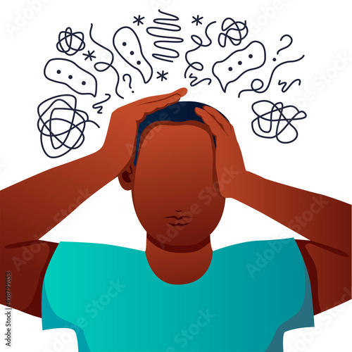 Anxiety, depression, stress, headache. Dizziness, sad and anxious thoughts of man. Young man is surrounded by stream of thoughts, chaos in head. Mental disorder. Difficult life situation.